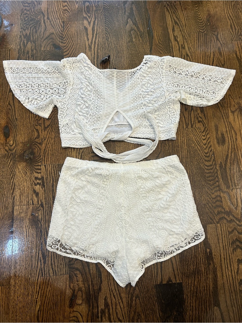 Express: White Lace Two-Piece Set - Crochet Crop Top & Shorts